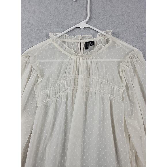 Vero Moda Ivory Swiss Dot LS Fairy Ruffled Smocked Sheer Blouse Women's Large - Picture 3 of 12